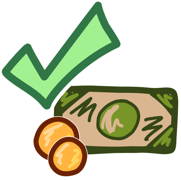An image with light line art shows a bill of green money with 2 yellow coins sitting at its bottom right corner. Overlapping with the top right corner is a green check mark.